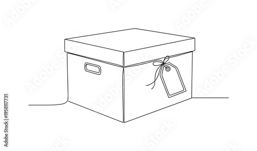 Label Tags on Boxes. Minimalistic one-line drawing simple storage box with a hanging label tag tied to the handle, continuous single black line on white