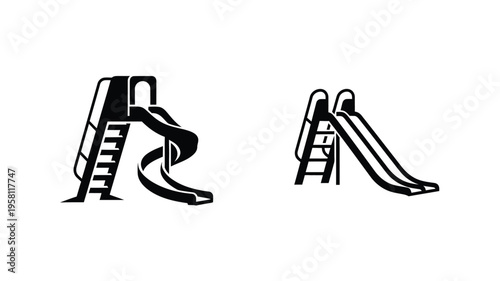 Two playground slides depicted in a stark black graphic silhouette