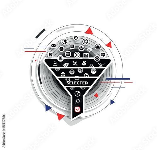 black and white funnel shape filtering many icons into a single selected item representing recommendation systems, cut-out collage object with white outline,