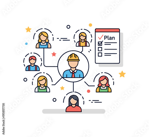 Project managers coordinating work teams centered on a leader icon connected with several team members through simple task lines while a small checklist