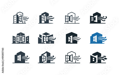 Designing buildings for improved air quality and ventilation. Icon set. Set Logo of Designing buildings for improved air quality and ventilation: window