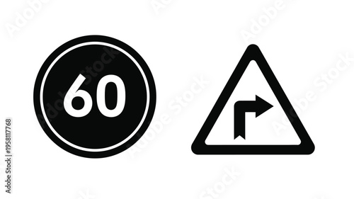 Road signs displaying speed limit and turn a stark silhouette