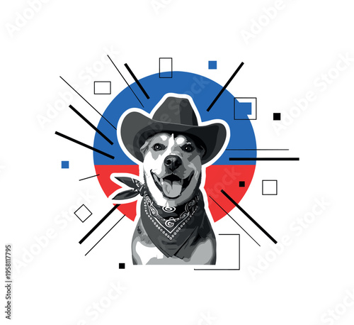 happy dog dressed as a retro cowboy with hat and scarf, black and white photo cut-out with white outline, bold blue circle background element with