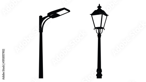 Two contrasting street lamps depicted in a stark black silhouette
