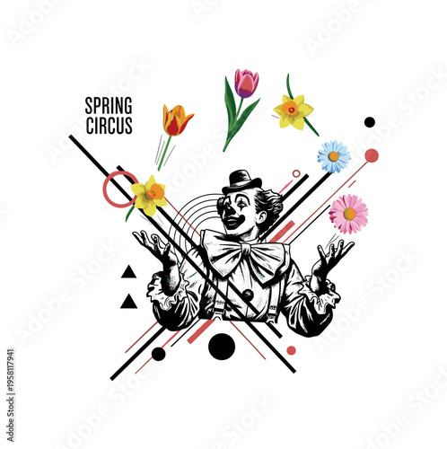 circus clown juggling flowers, abstract circles diagonal lines and geometric shapes suggesting playful motion, black and white vintage clown figure tossing