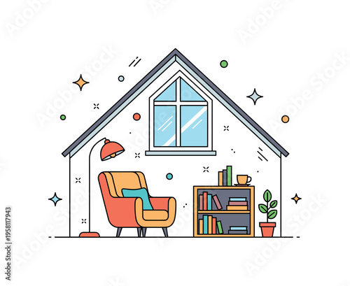 Attic reading nook quiet loft corner with a comfortable chair, small bookshelf, and slanted window above. The compact scene suggests turning attic space into a
