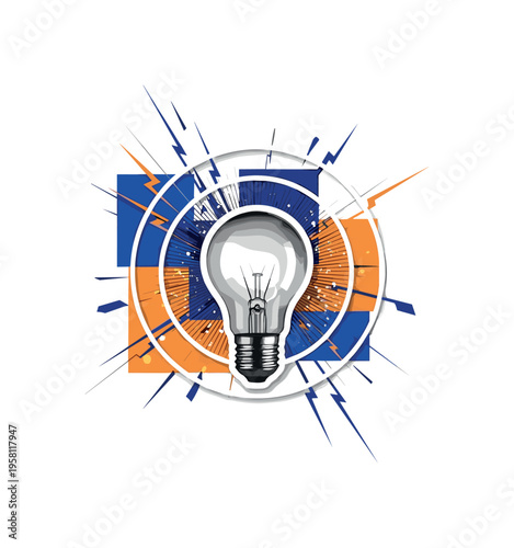 black and white vintage light bulb flickering with fragmented rays around it, white cut-out outline effect, layered circular halos and jagged geometric lines