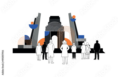 tourists observing historical monument abstract semicircles lines and geometric blocks symbolizing cultural exploration black and white retro monument and