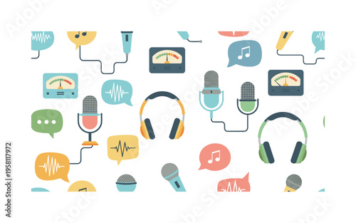 vocal training tools microphones headphones sound meters and speaking symbols illustrated as decorative motifs, flat vector friendly shapes, saturated clean