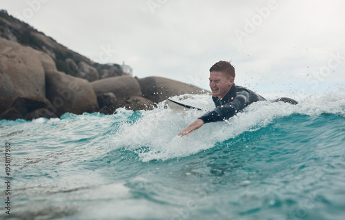 Canvas Print Waves, surfing and man in ocean water for sports, exercise and practice paddle on holiday