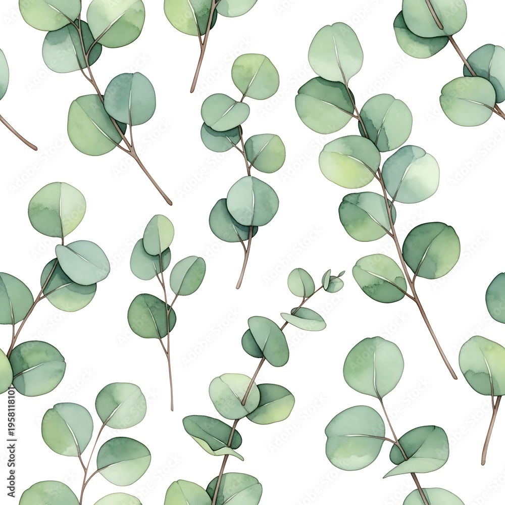Obraz premium Beautiful watercolor eucalyptus leaves and branches in seamless pattern design for backgrounds and decorations