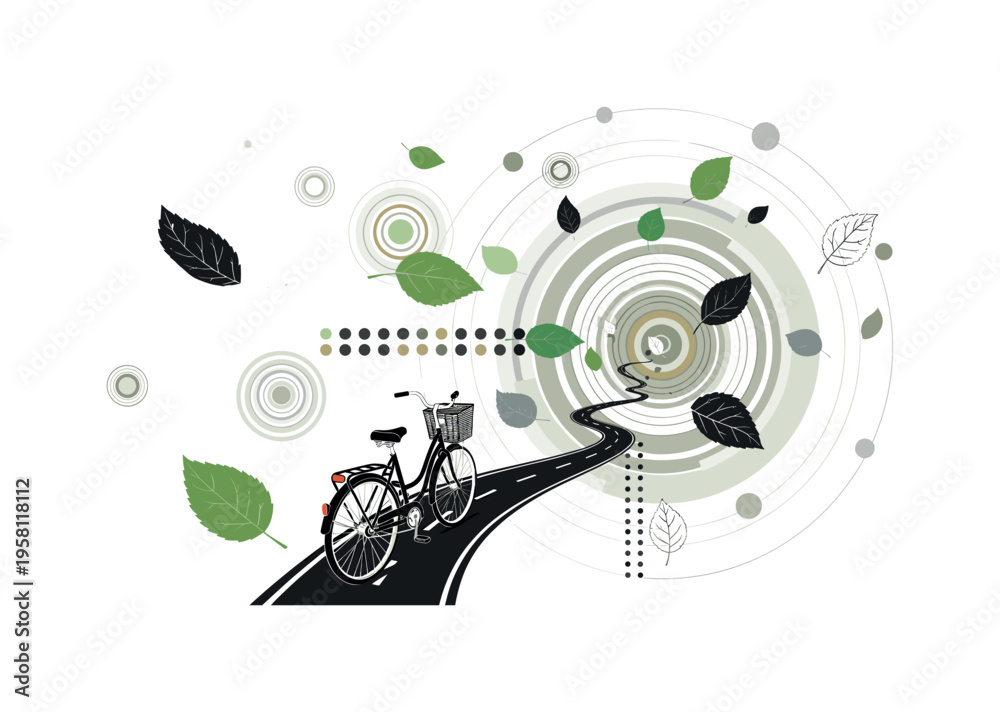 Obraz premium bicycle path surrounded by spring leaves, concentric circles abstract lines and geometric dots structuring calm harmony, black and white retro bike riding