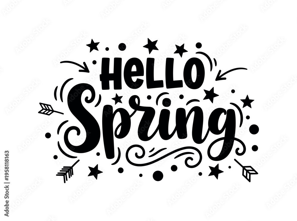 Fototapeta premium Hello Spring. lettering and all elements in black. Vector style. AWhite background. Pure white background. Perfect isolation and visual consistency. Bold