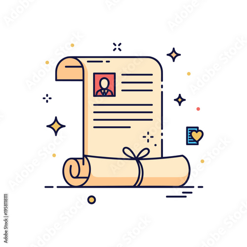 Historical document preservation illustrated by a rolled parchment scroll tied with a small ribbon and subtle sparkle accents. The composition expresses