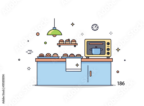 Mini bakery cooking illustration cute tiny kitchen with trays of pastries on the counter, a small oven, and gentle decorative flourishes. Minimalist flat