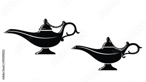 Two ornate magic lamps depicted in a striking black silhouette
