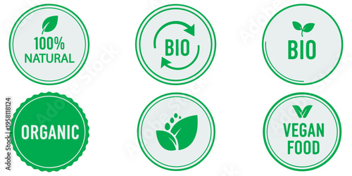 Natural organic bio food labels set with green leaf icons eps 10