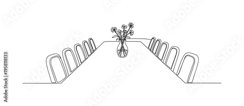 Garden Party Dinner Scene. Minimalistic one-line drawing long outdoor party table with chairs and a small vase of flowers, continuous single black line on