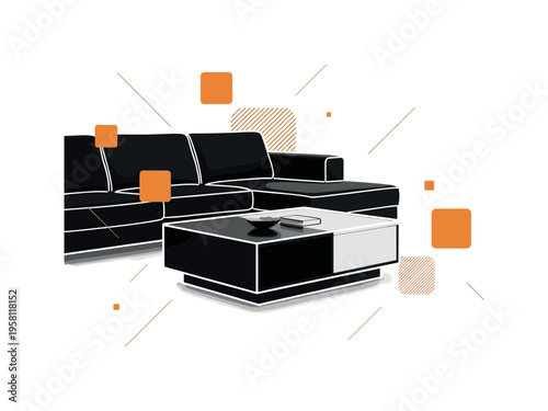 Black and white coffee table placed in front of a sectional sofa, positioned slightly off-center, surrounded by floating warm orange square accents and thin