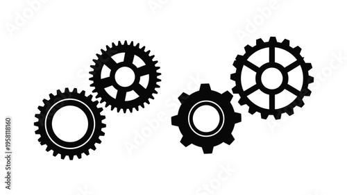 Four black gears arranged diagonally a striking mechanical silhouette