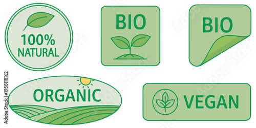 Natural organic bio food labels set with green leaf icons eps 10