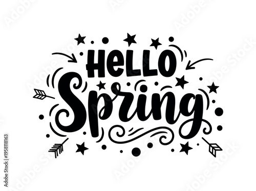 Hello Spring. lettering and all elements in black. Vector style. AWhite background. Pure white background. Perfect isolation and visual consistency. Bold