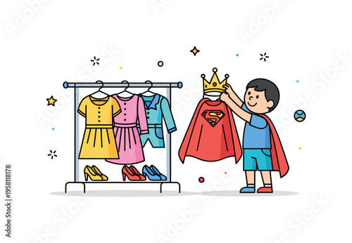 Dress-up costume play with a small rack of colorful outfits while a child happily chooses between a superhero cape and a princess crown. The cheerful scene