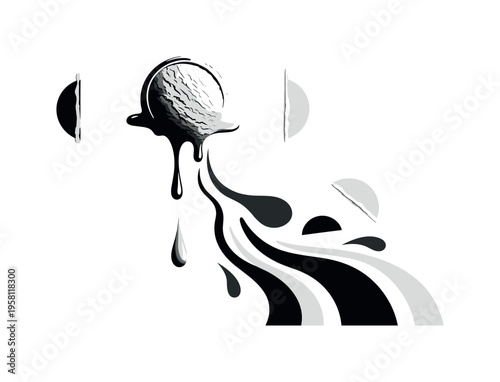 melting ice cream scoop, curved lines semicircles and abstract shapes emphasizing fluid motion, black and white scoop slowly dripping like surreal summer