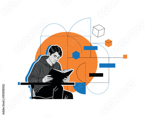 black and white student reading a book at a desk, cut-out figure with white contour outline, large orange circle behind the student symbolizing curiosity and