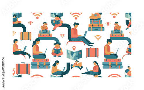 Nomad lifestyle with kids seamless pattern, parents typing on laptops children reading books suitcases maps and wifi symbols arranged in a repeating pattern,