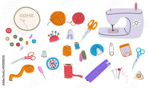 Sewing set vector illustration. Colorful collection with machine, scissors, and thread spools for home craft, tailoring, and hobby design