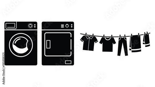 Laundry appliances and drying clothes depicted in a stark black silhouette
