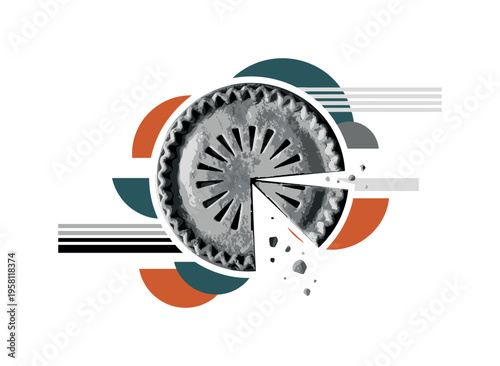 black and white pie with crumbs scattered around a missing slice, cut-out collage effect with white outline, abstract semicircles and horizontal bars creating