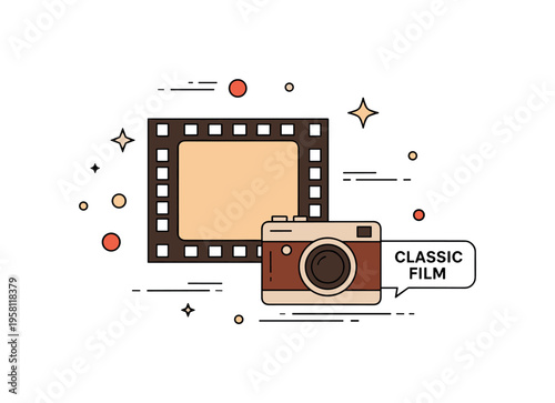 Sepia film photography tradition illustrated with a film strip icon and a small camera beside it labeled ?Classic Film?. The composition reflects the analog