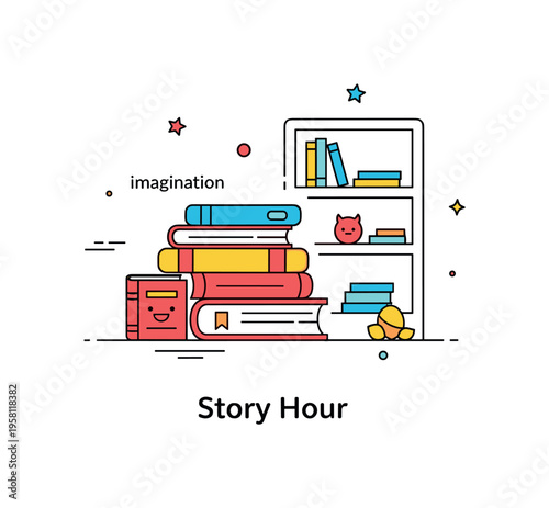 Children library area featuring a bright book stack with a small smiling book character detail and simple shelf shapes behind it. A playful ?Story Hour?