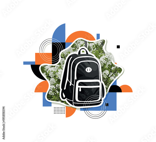 spring hiking backpack adventure with geometric circles semicircles and abstract blocks, black and white backpack placed in blooming spring landscape with
