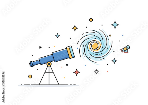 Milky Way observation concept featuring a telescope aimed at a swirling galaxy shape surrounded by scattered star icons. Calm science illustration celebrating