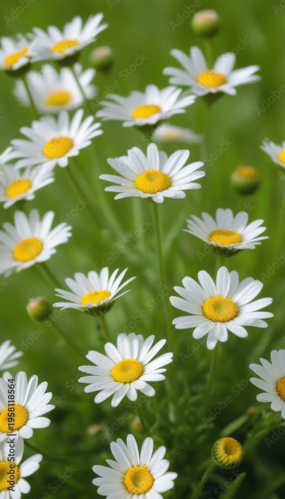 Fototapeta premium White Daisy Flowers with Yellow Centers in Meadow