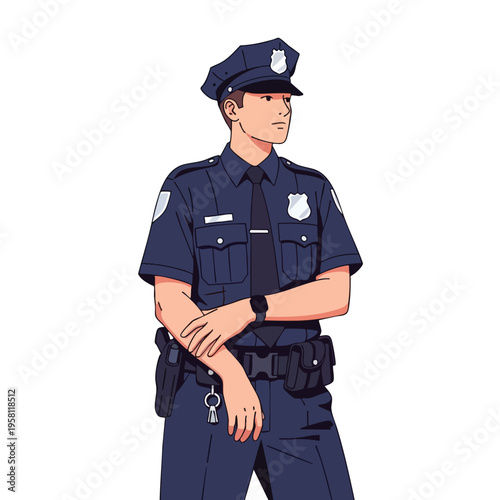 A uniformed male officer stands with arms crossed, wearing a cap and utility belt