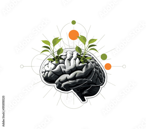 black and white brain with small plants growing from it symbolizing mental rest and renewal, realistic cut-out object with white outline, geometric circles and