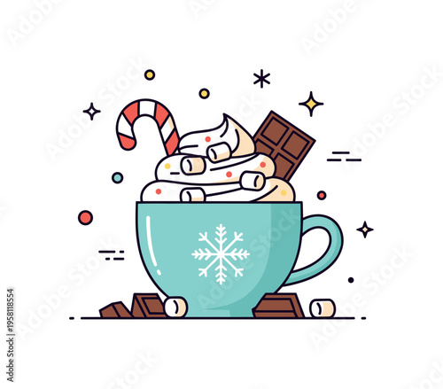 Holiday hot chocolate rich winter cocoa topped with whipped cream and tiny marshmallows while a candy cane and chocolate pieces decorate the cup. The scene