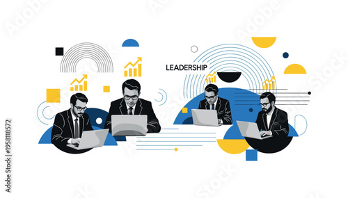 employees working on laptops with growth icons above abstract semicircles lines and geometric blocks symbolizing execution and leadership black and white retro