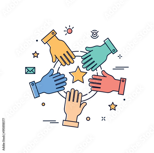 Inclusive teamwork visualized by different colored hands connecting around a central star icon. The compact scene symbolizes cooperation, shared goals, and the