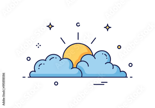 Hopeful dawn sky scene centered on stylized clouds parting slightly to reveal a bright circular sun, symbolizing breakthrough and positive change. The visual