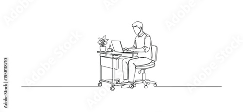 Remote Working Desk. Minimalistic one-line drawing person working on a laptop at a compact mobile workspace with minimal accessories, continuous single black