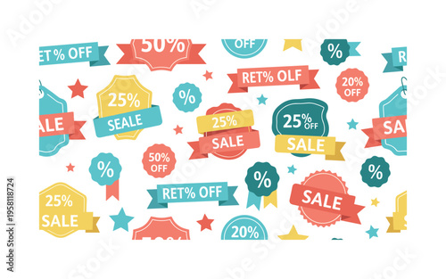 retail sale labels seamless pattern, repeating pattern, surface design, textile print, soft color palette, modern illustration, flat vector sale labels with