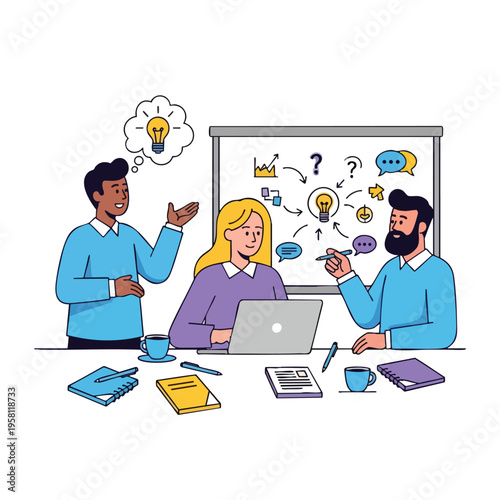 Diverse team brainstorming ideas at a whiteboard, with coffee and notebooks