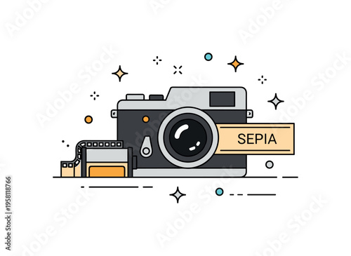 Vintage sepia photography style centered on an old style camera with a small roll of film and a subtle label reading ?Sepia?. The scene represents classic