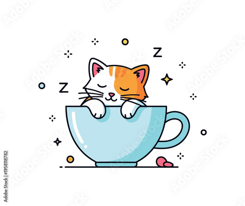 Sleepy kitten tea cup adorable cat comfortably napping inside a rounded teacup with its tiny paws tucked under its chin, creating a charming cozy daily life