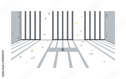 Prison bars shadow pattern where evenly spaced metal bars create long striped shadows across the floor. The minimal scene conveys confinement and the stark
